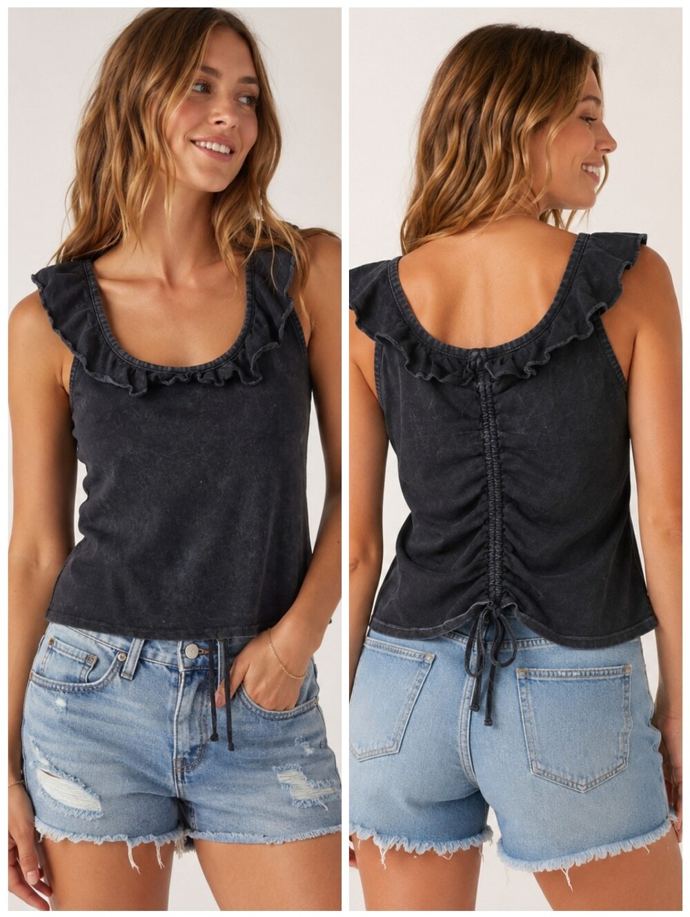 We The Free Black Mineral Wash Ruffle Tank Top Women's Small/with Flaw